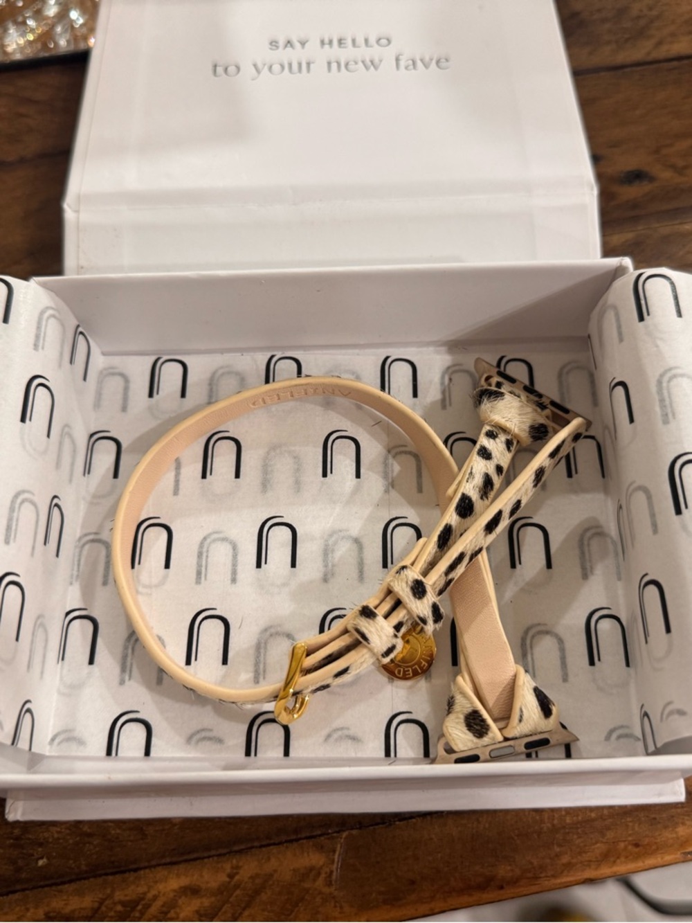 Apple Watch Beige and Black Spotted Leather Bracelet with Gold Accent